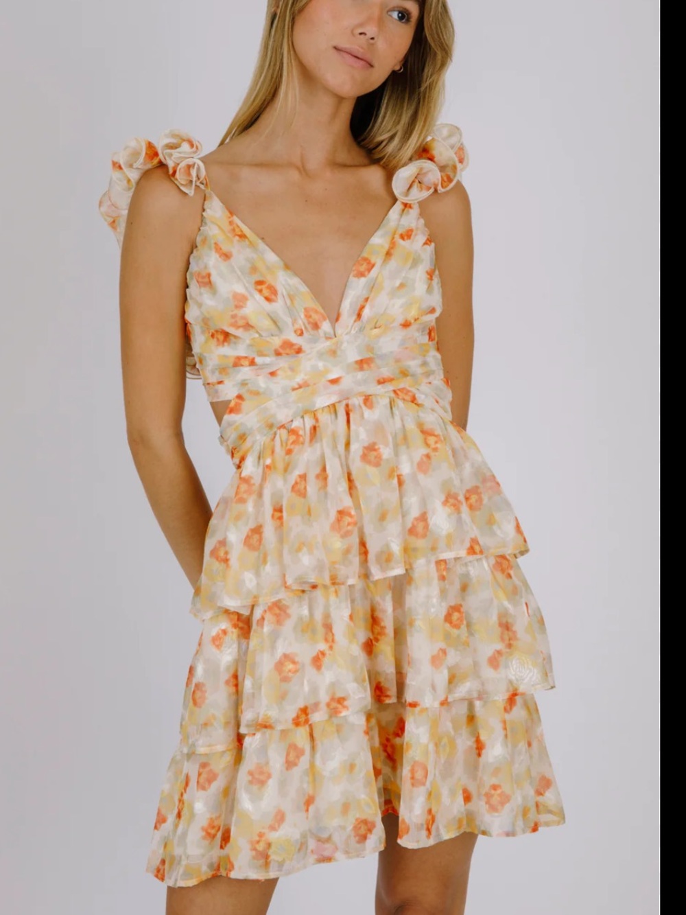 Floral Ruffle Tiered Sundress in Cream and Orange